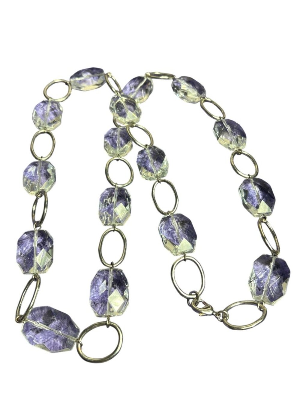 Vintage Y2K Clear Faceted Glass Silvertone Oval Chain Necklace Chunky 32 inches